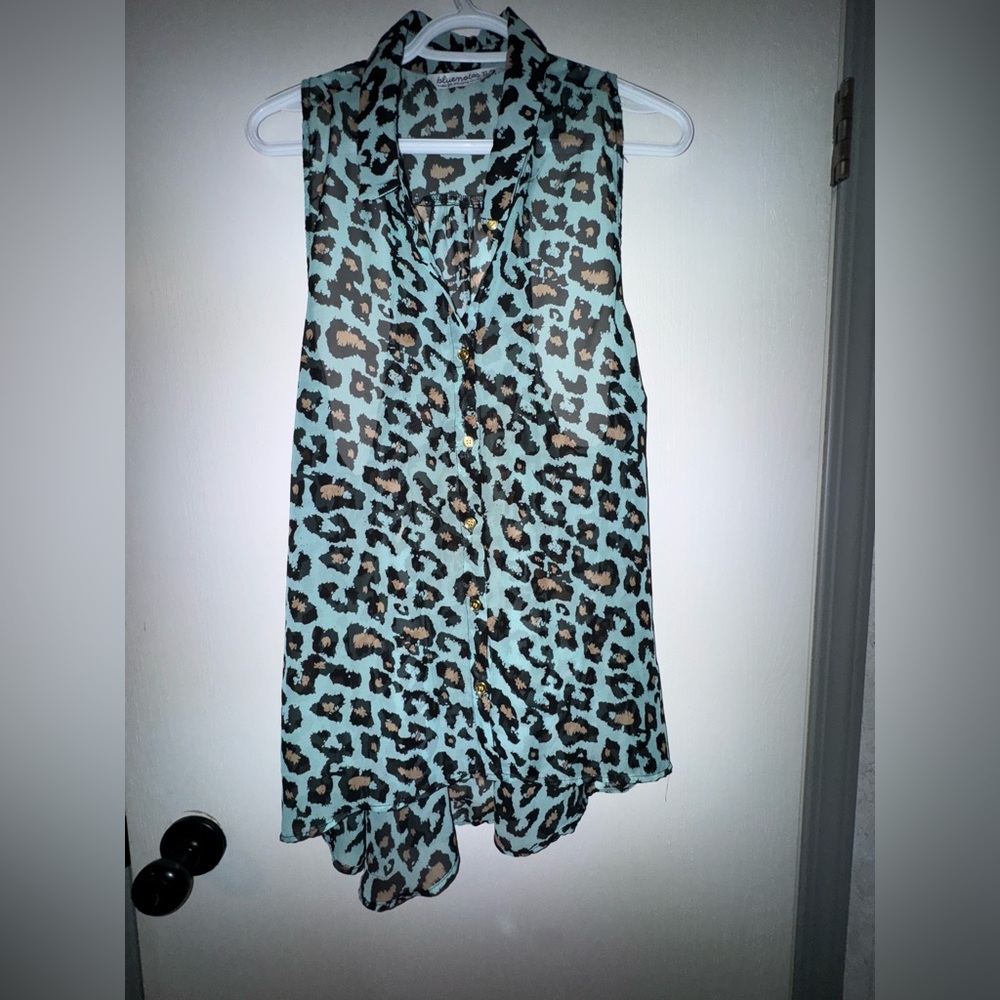 Turquoise Leopard Print Blouse with Gold Buttons